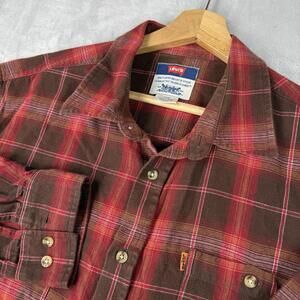Vintage Levis Plaid Flannel Shirt Orange Tab 1990s Workwear Men Size L Heritage